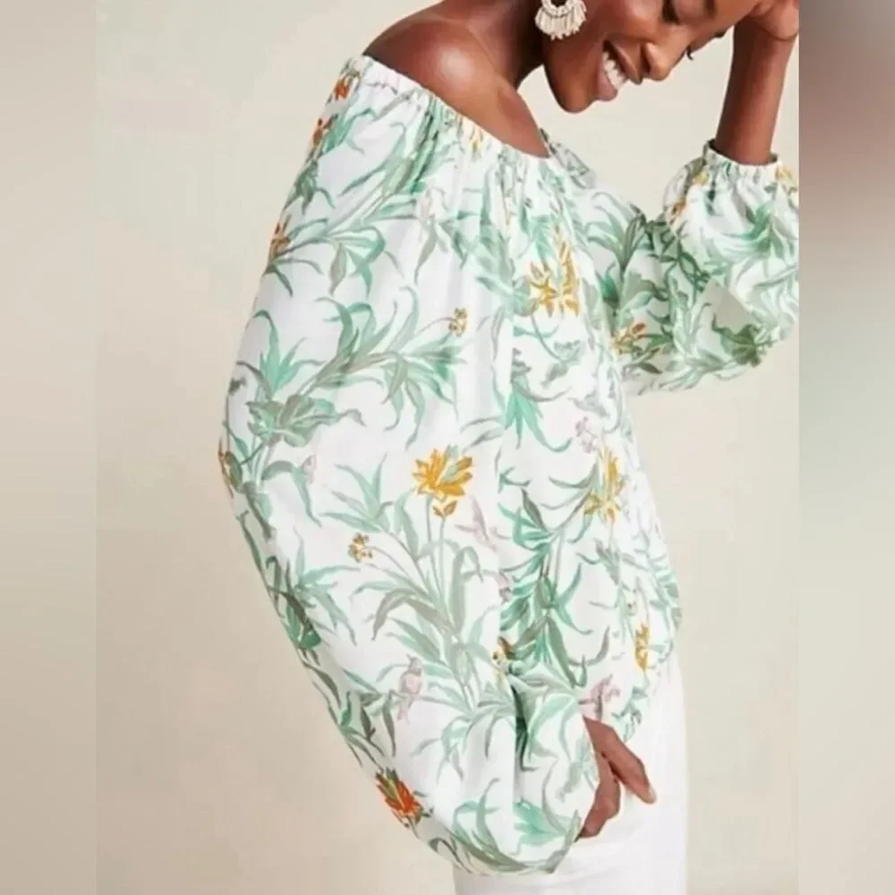 ANTHROPOLOGIE Cascais Tropical Floral Bird Off The Shoulder Puff Sleeve Top XS